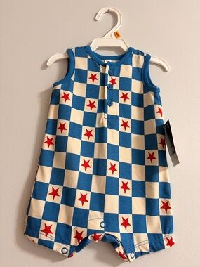 okie dokie Blue & Cream Check Star Sleeveless Romper
